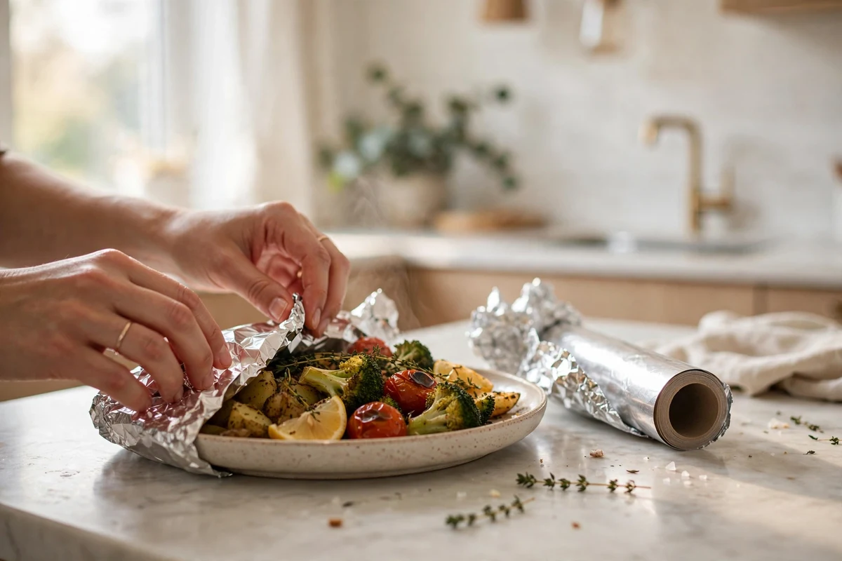 Hands wrapping food with aluminum foil in a kitchen