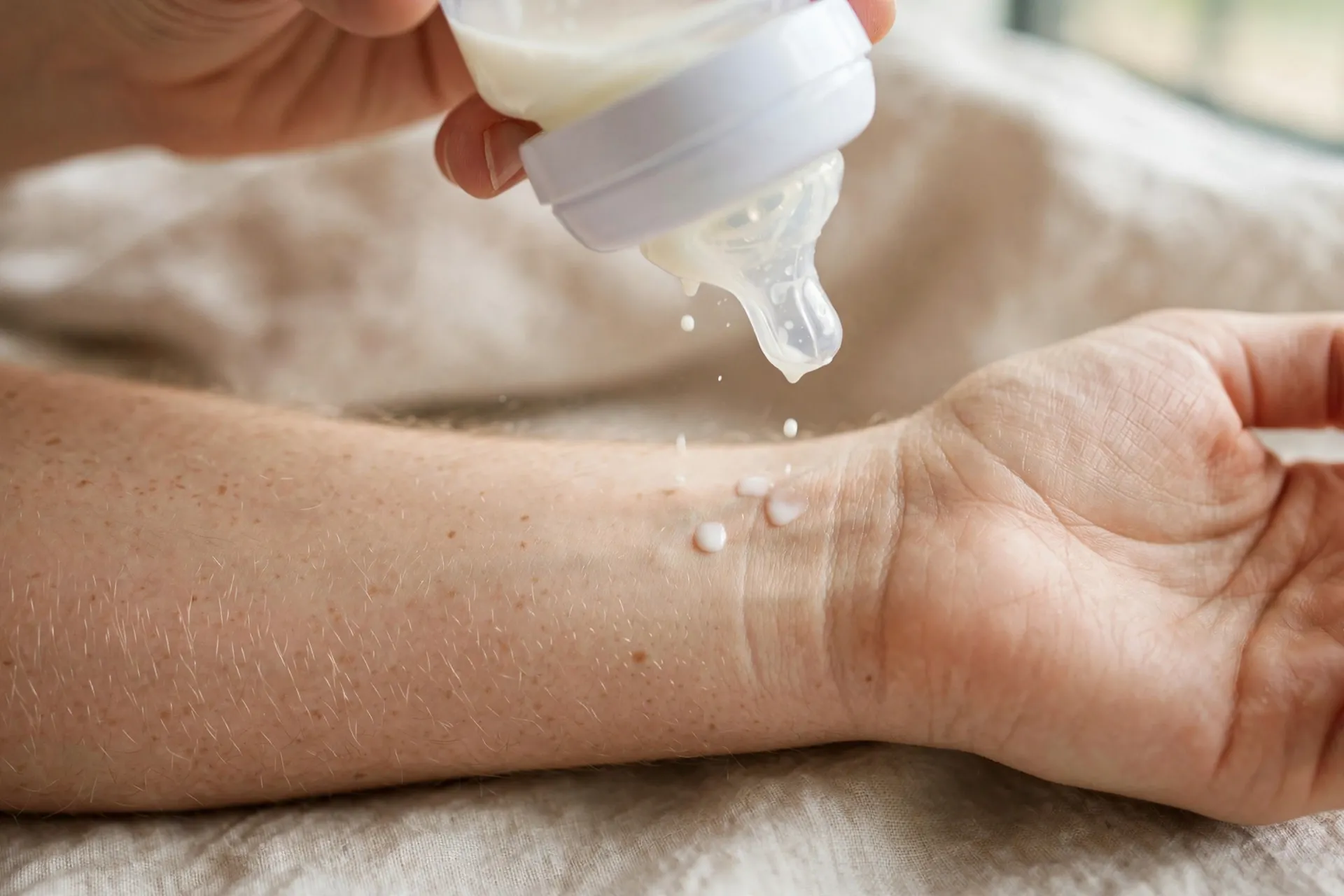A parent testing milk drops on their wrist from a baby bottle over a bowl of warm water