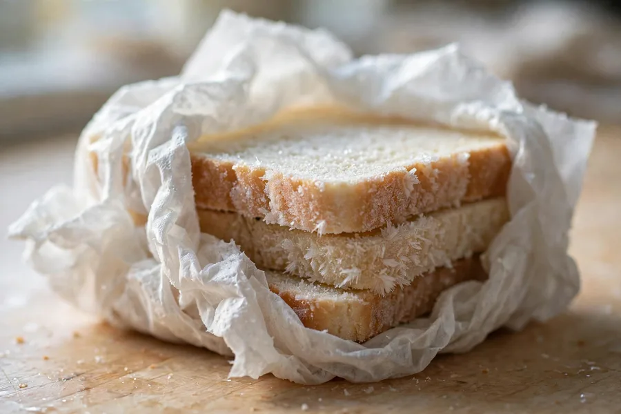 Frozen slices of bread wrapped loosely in a damp paper towel before microwaving