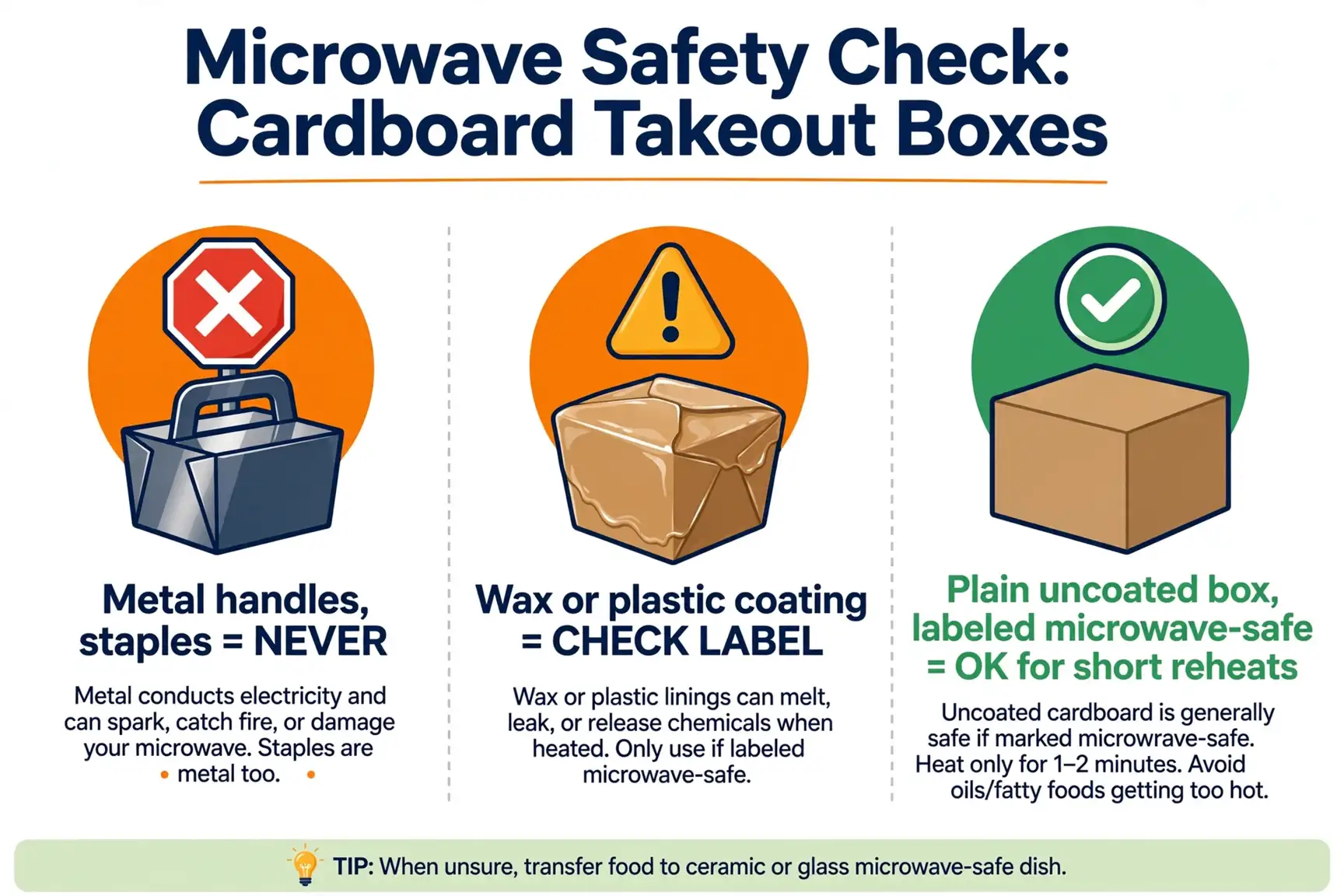 Infographic: microwave safety checklist for cardboard takeout boxes showing metal handles as never, wax or plastic coating as check the label, and plain labeled boxes as OK for short reheats