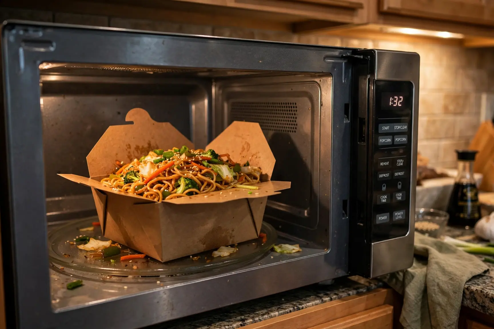 Photo-style image of an open cardboard takeout box with leftover noodles inside a microwave oven with the door open