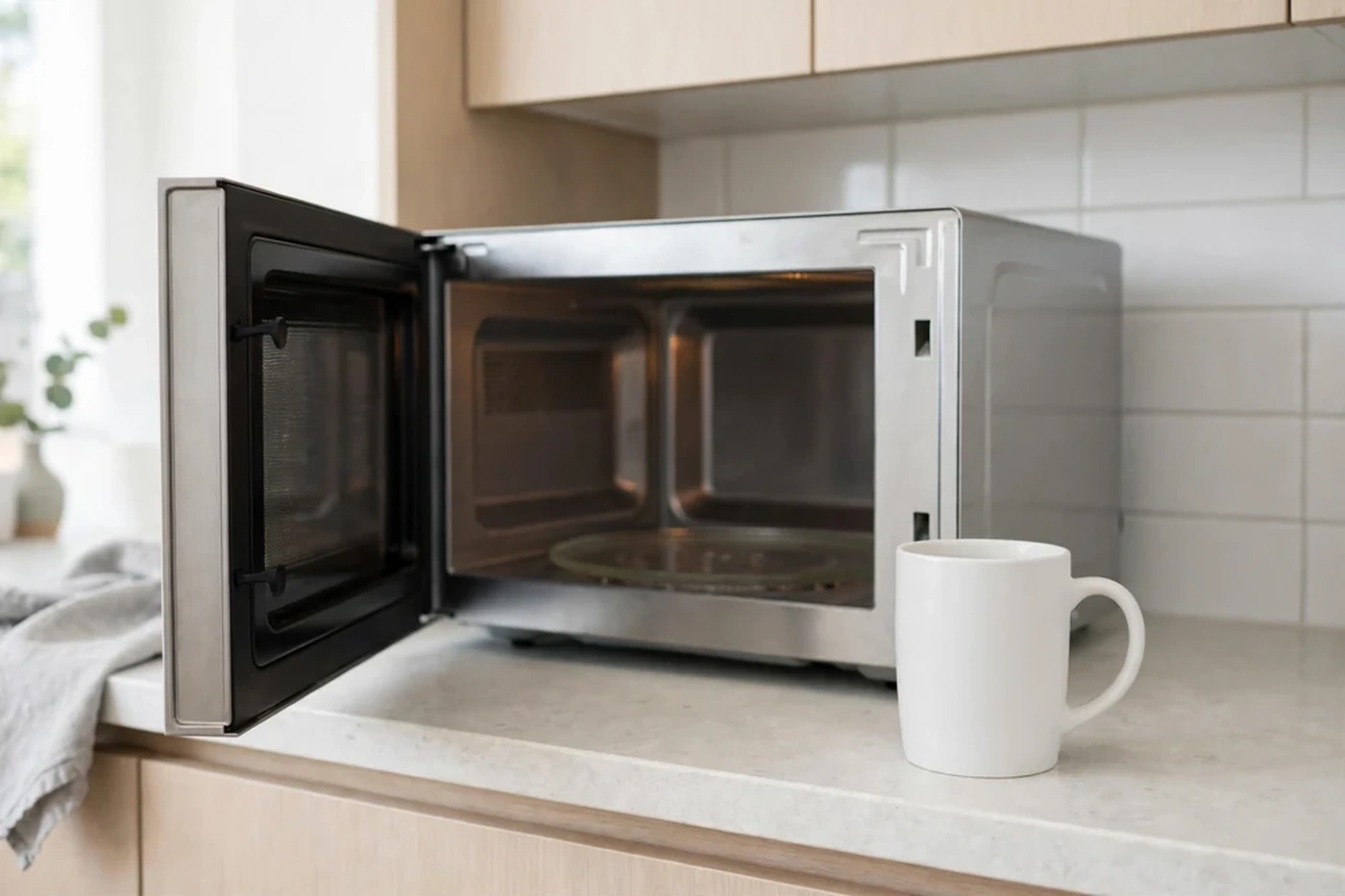Plain white ceramic mug next to an open microwave oven in a bright kitchen