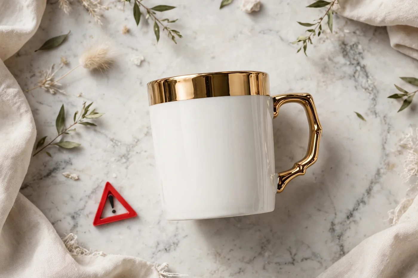 Ceramic mug with a metallic gold rim that should never go in the microwave