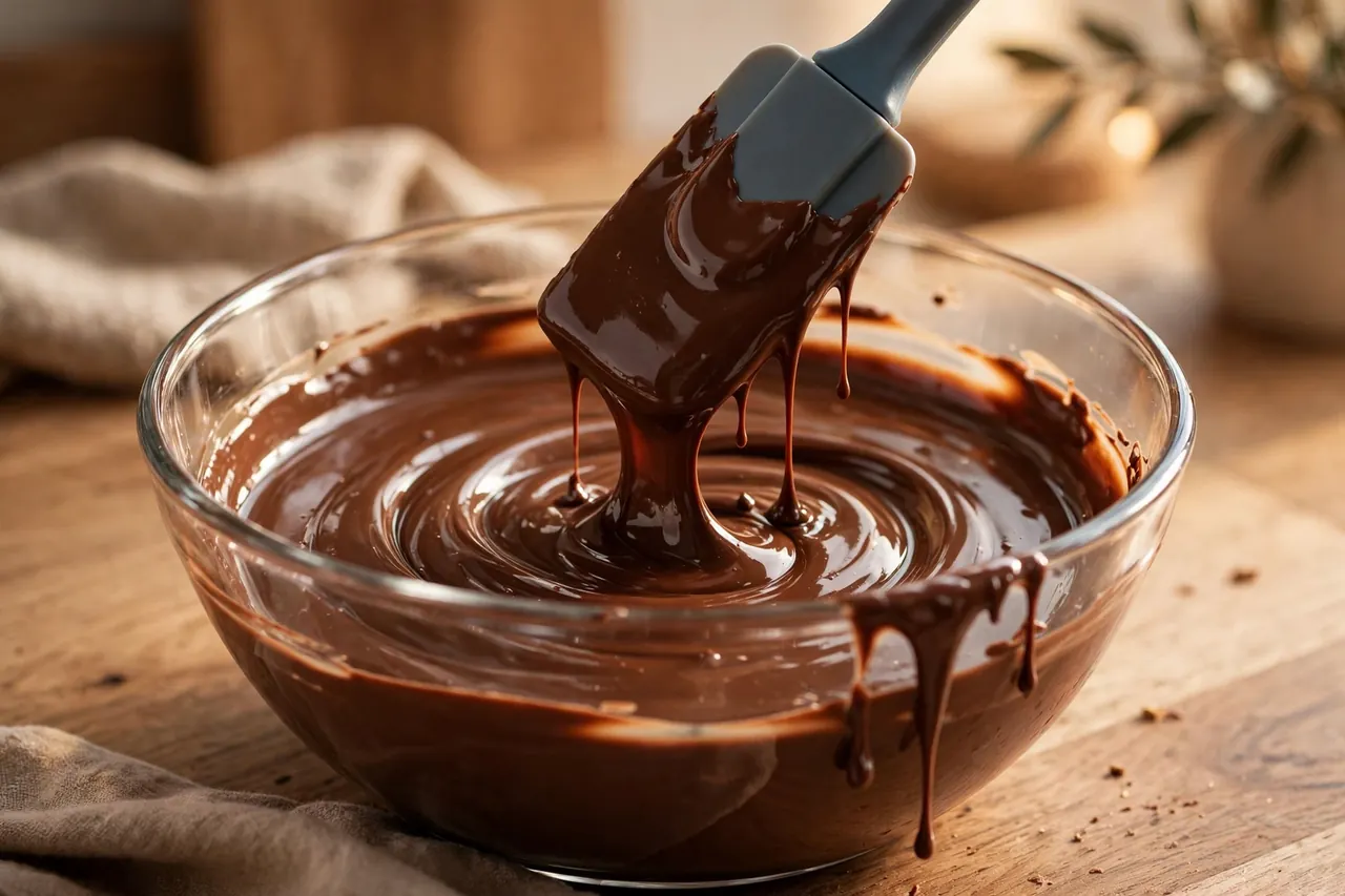 Smooth glossy melted chocolate being stirred in a glass bowl with a spatula