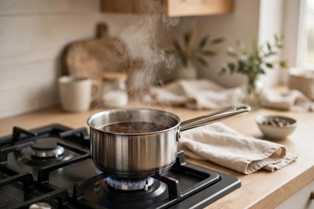 Coffee gently reheating in a small saucepan on a stovetop with steam rising
