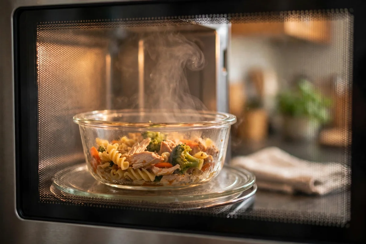 Glass container with food being heated inside a microwave