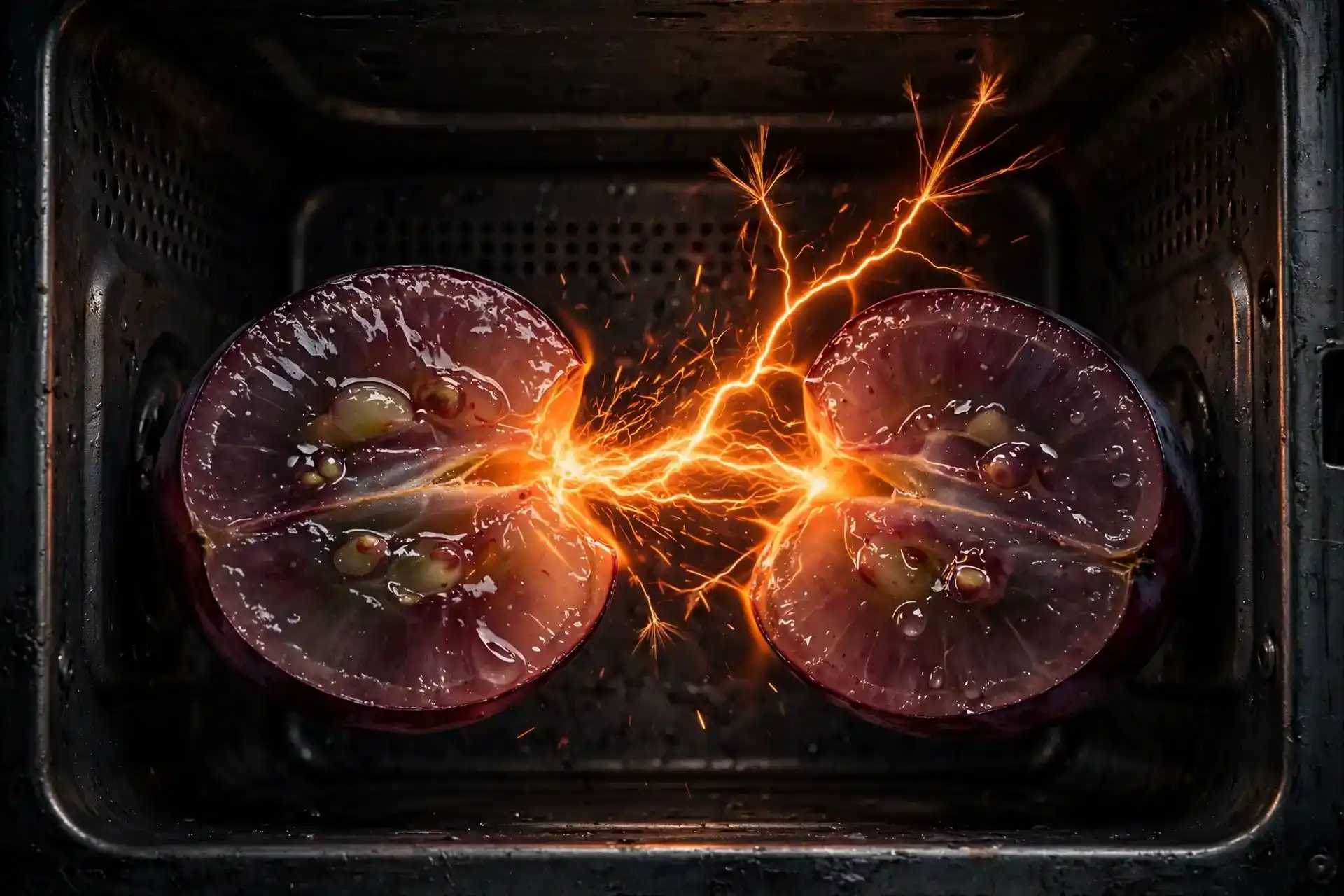 A bunch of grapes bursting with illustrated plasma sparks inside a microwave oven, warning style illustration