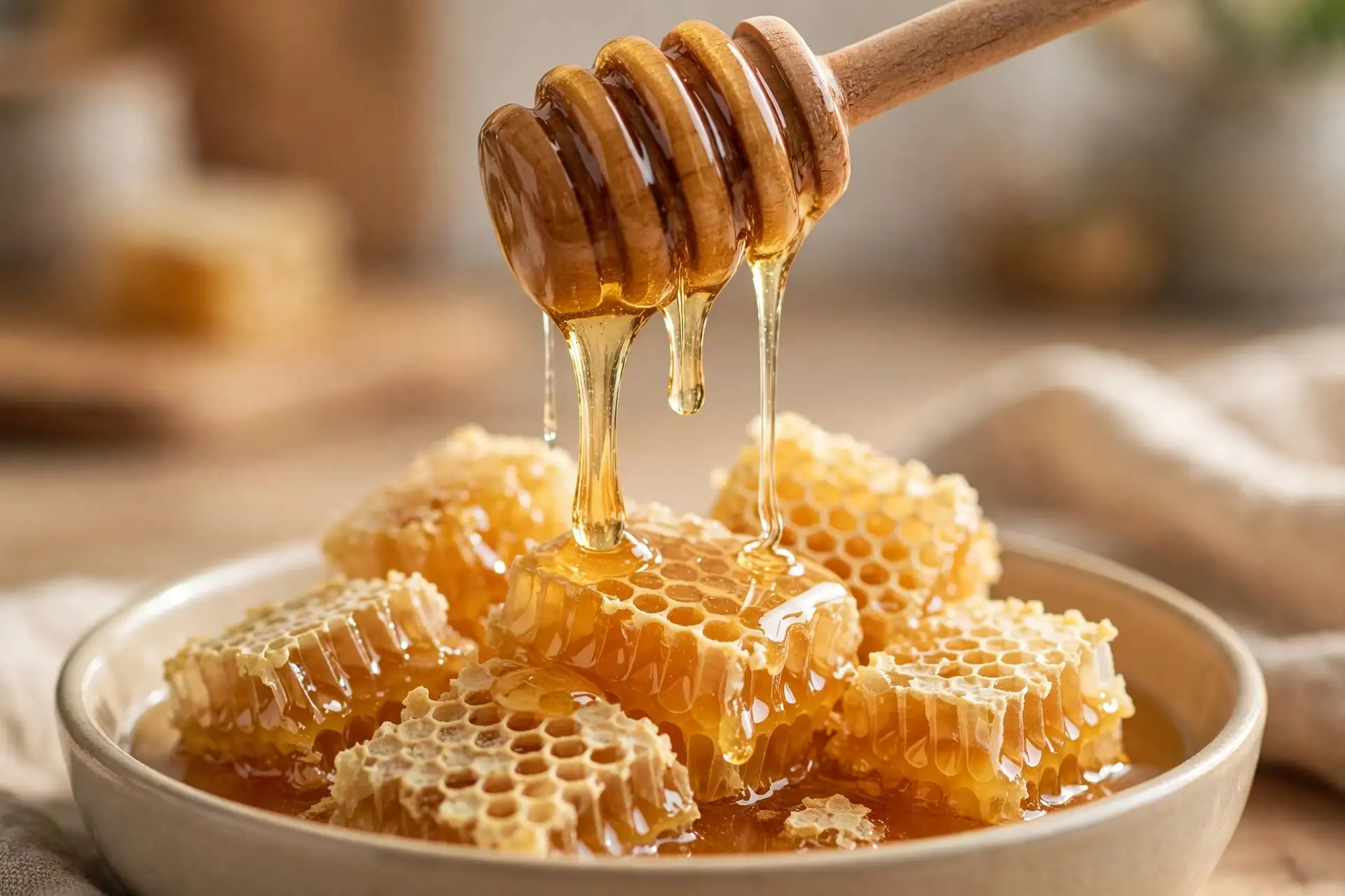 Honeycomb and a honey dipper drizzling honey over a bowl with warm water bath setup in background