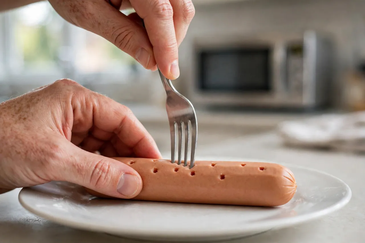 Close-up of a hot dog on a plate being pierced with a fork, with small slits visible along the skin