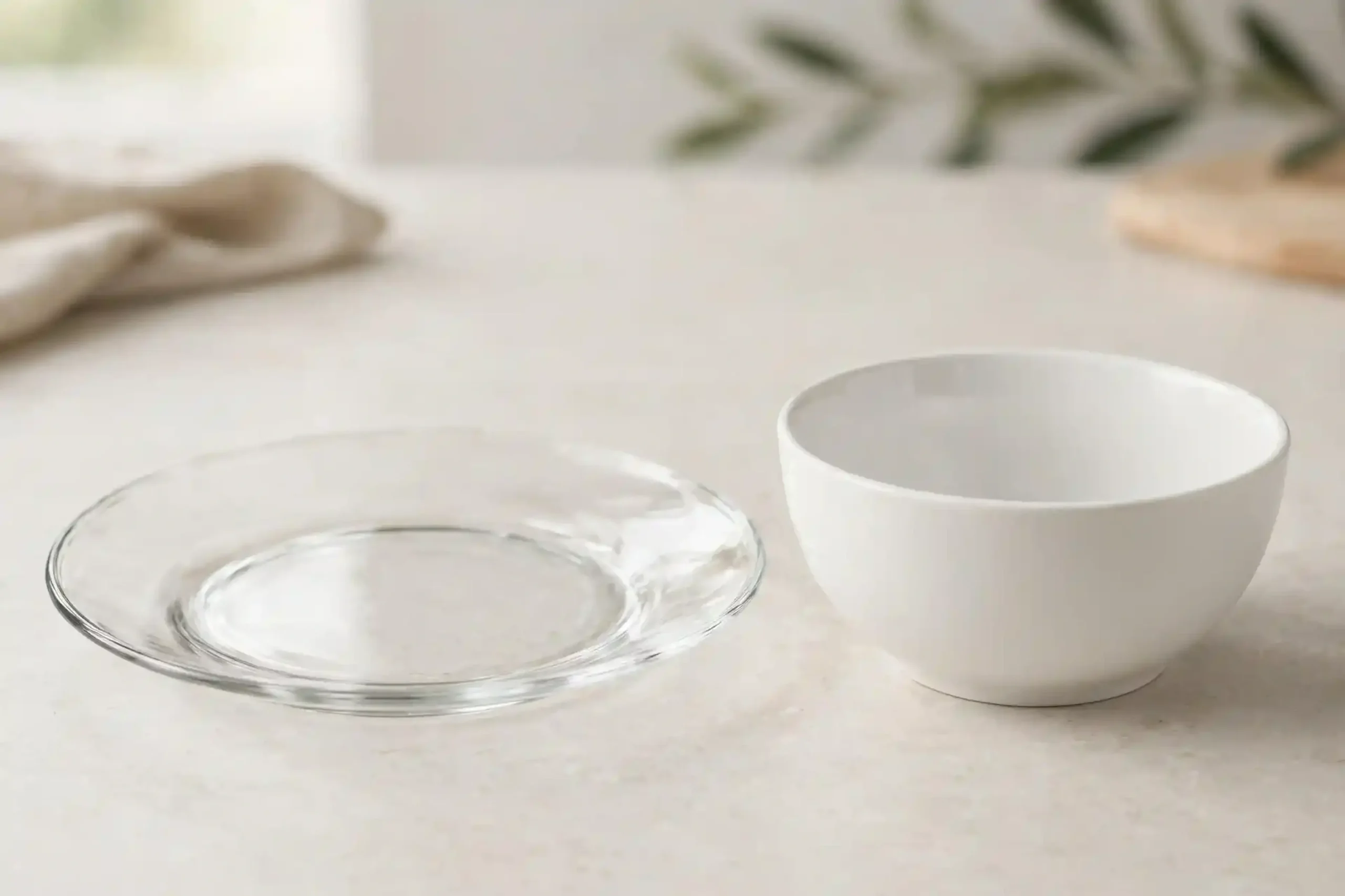 A microwave-safe glass plate and ceramic bowl on a counter as safe alternatives to melamine dishes