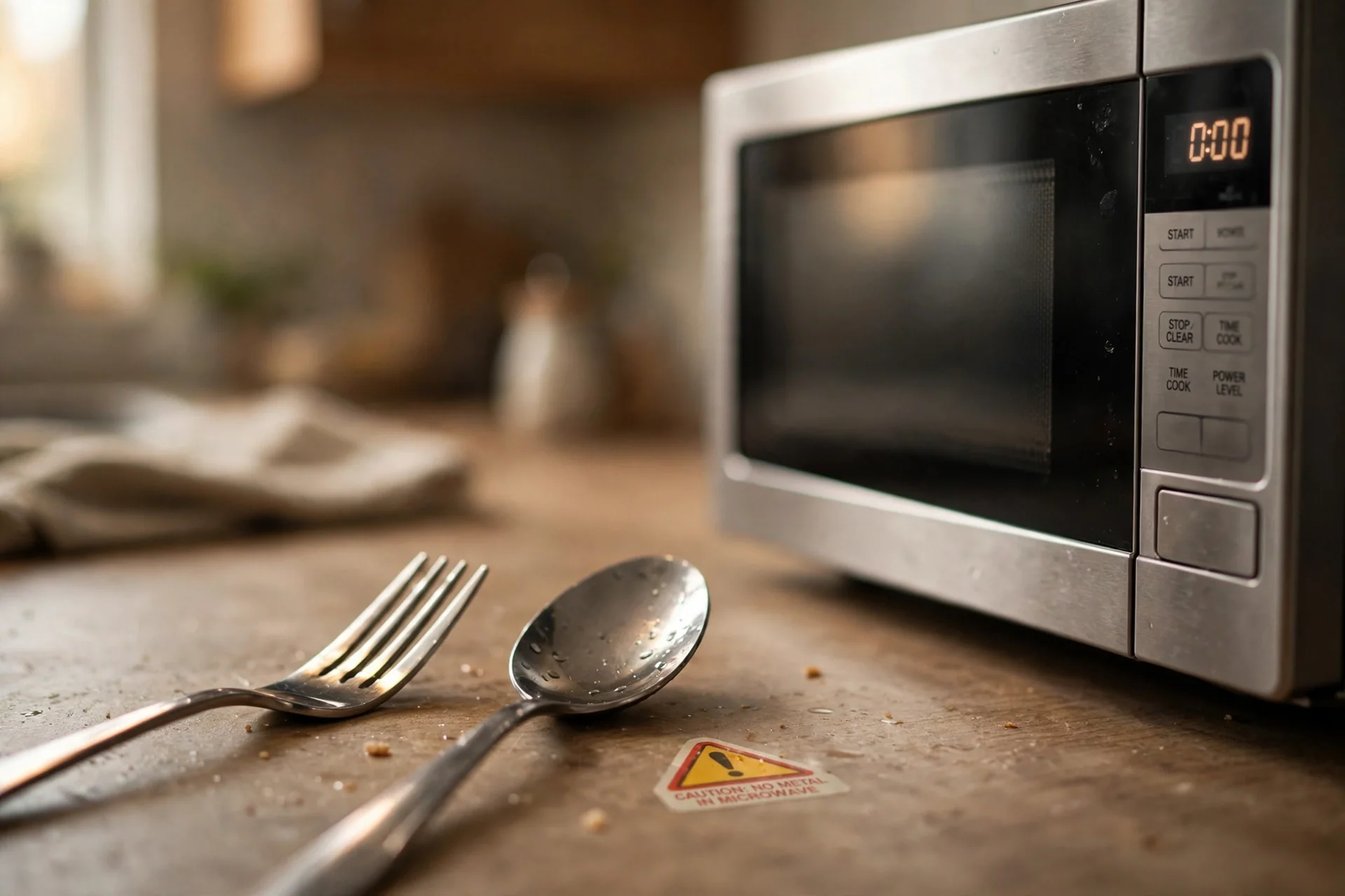 Fork and spoon on a kitchen counter next to a microwave with a caution warning symbol