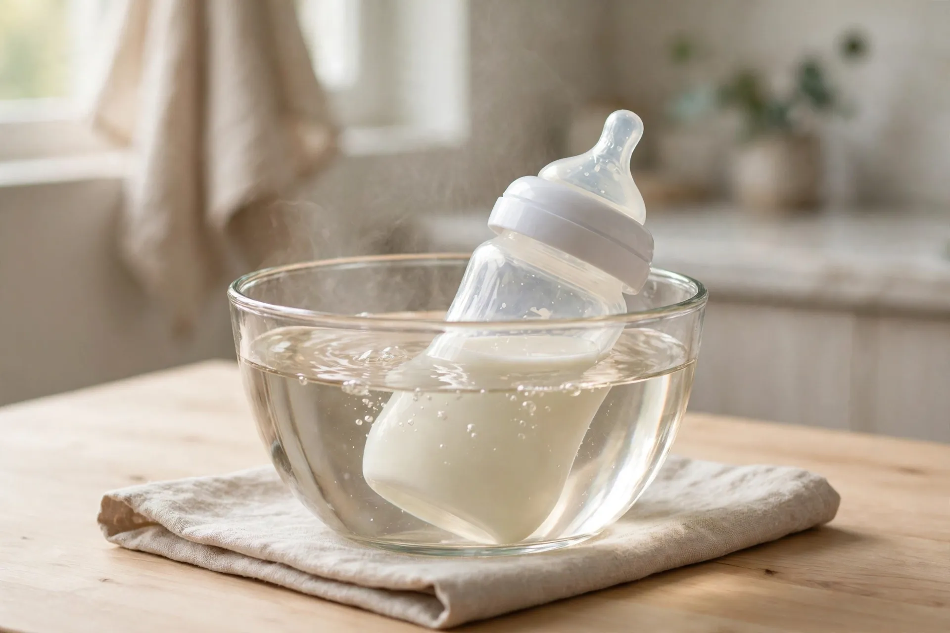 A baby bottle being warmed in a bowl of warm water on a kitchen counter