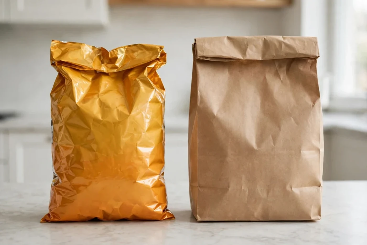 Store-bought microwave popcorn bag beside a plain brown paper grocery bag