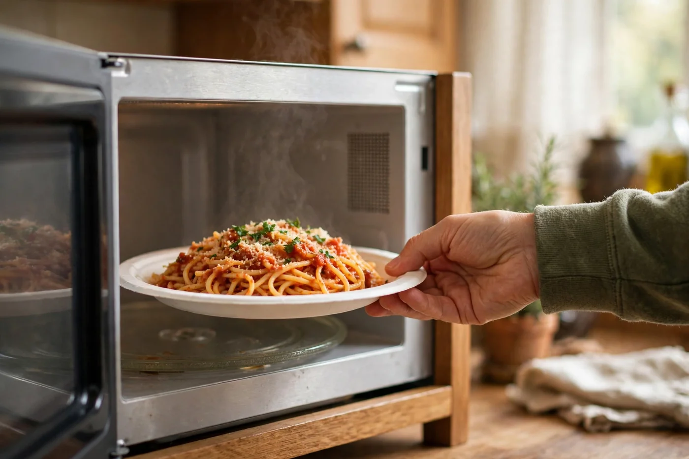 A hand placing a plain white paper plate with pasta into an open microwave