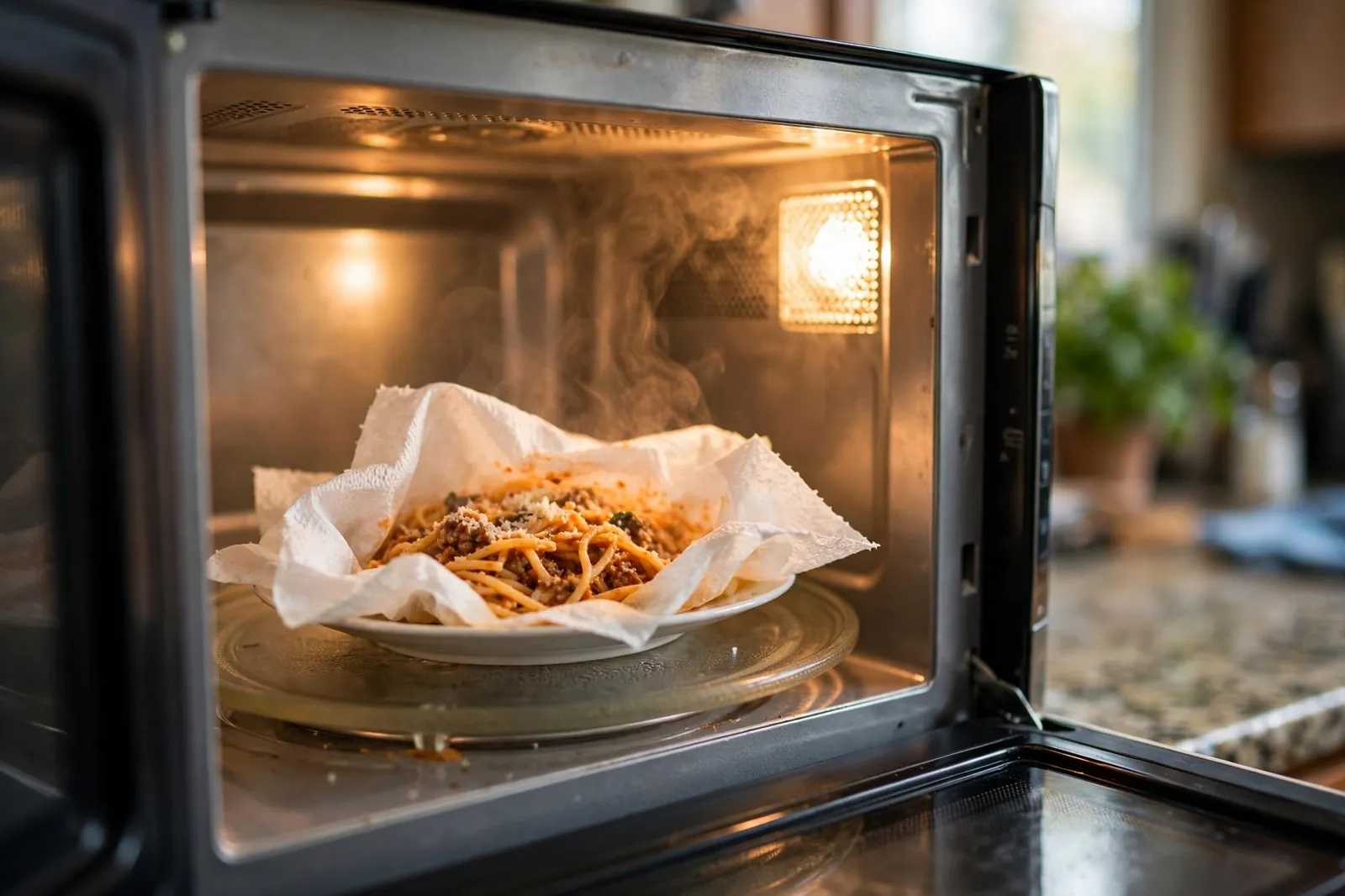 White paper towel covering a plate of leftover food inside a microwave oven