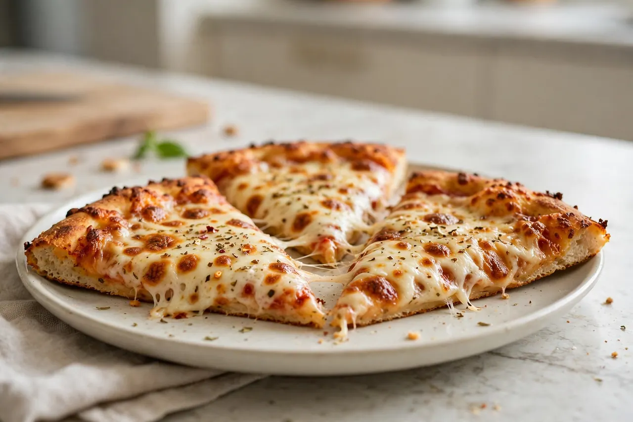 Reheated pizza slices with melted cheese and golden crust on a plate