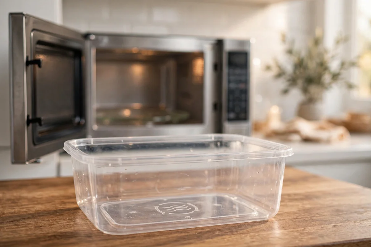 A microwave-safe plastic container with the microwave-safe symbol on its base, sitting in a kitchen in front of a microwave