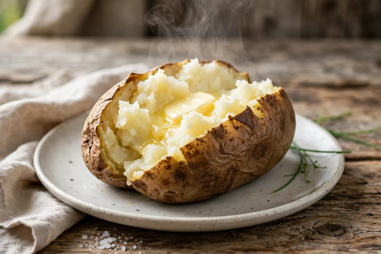 A fluffy microwaved baked potato cut open with melting butter on a rustic table