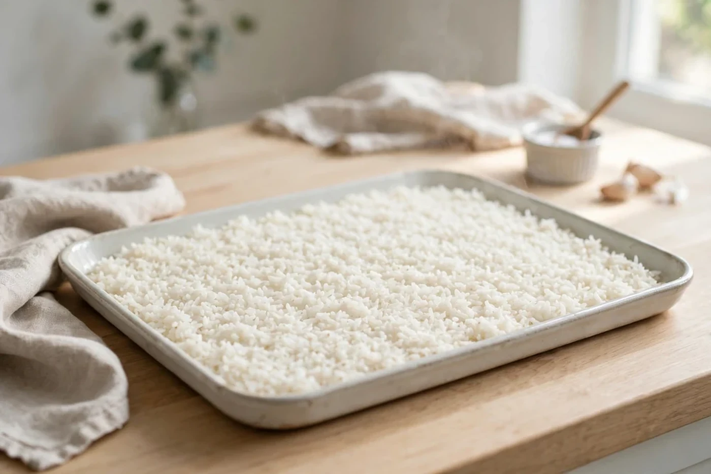 Cooked rice spread in a thin layer in a shallow container cooling on a counter