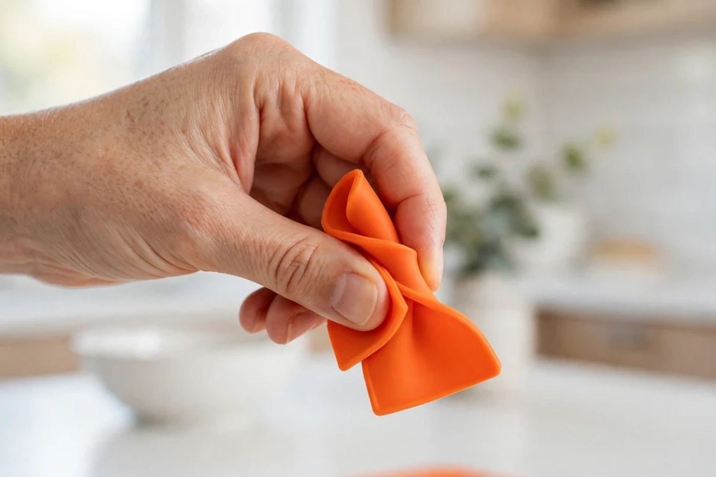 Hand pinching and twisting an orange silicone baking mat to check for fillers