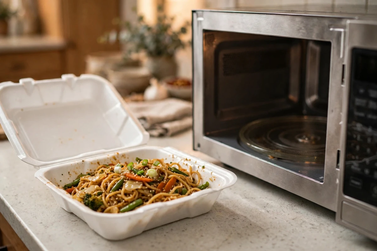 A white styrofoam takeout container with leftover food on a kitchen counter next to an open microwave oven