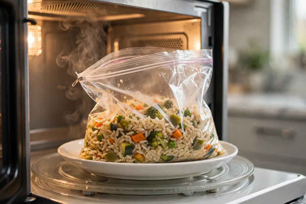 Zip-top bag with leftover food inside a microwave on a ceramic dish, zipper slightly open to vent