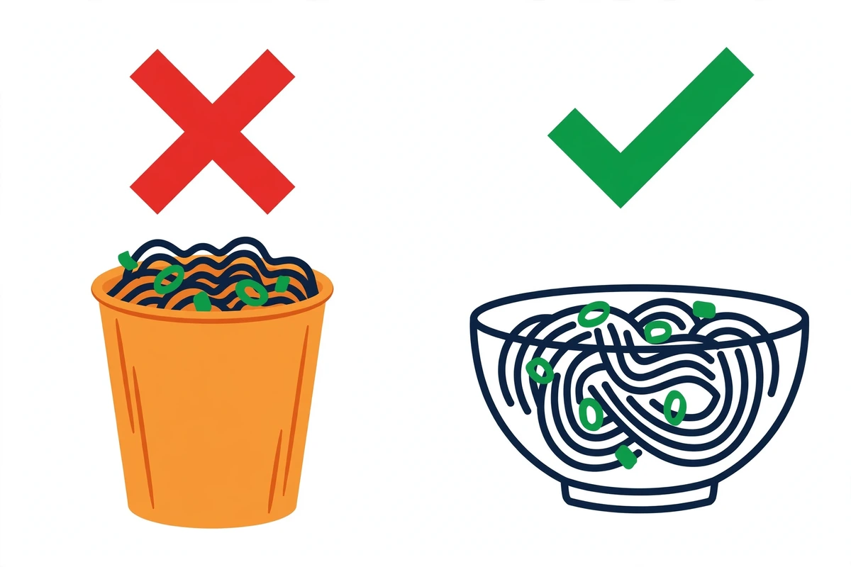 Infographic showing a foam cup with a red X and a microwave-safe bowl with a green checkmark