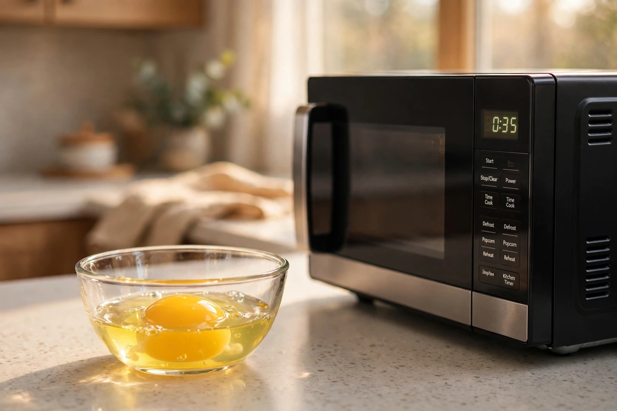Photo-style image of a cracked egg in a microwave-safe glass bowl beside a microwave oven