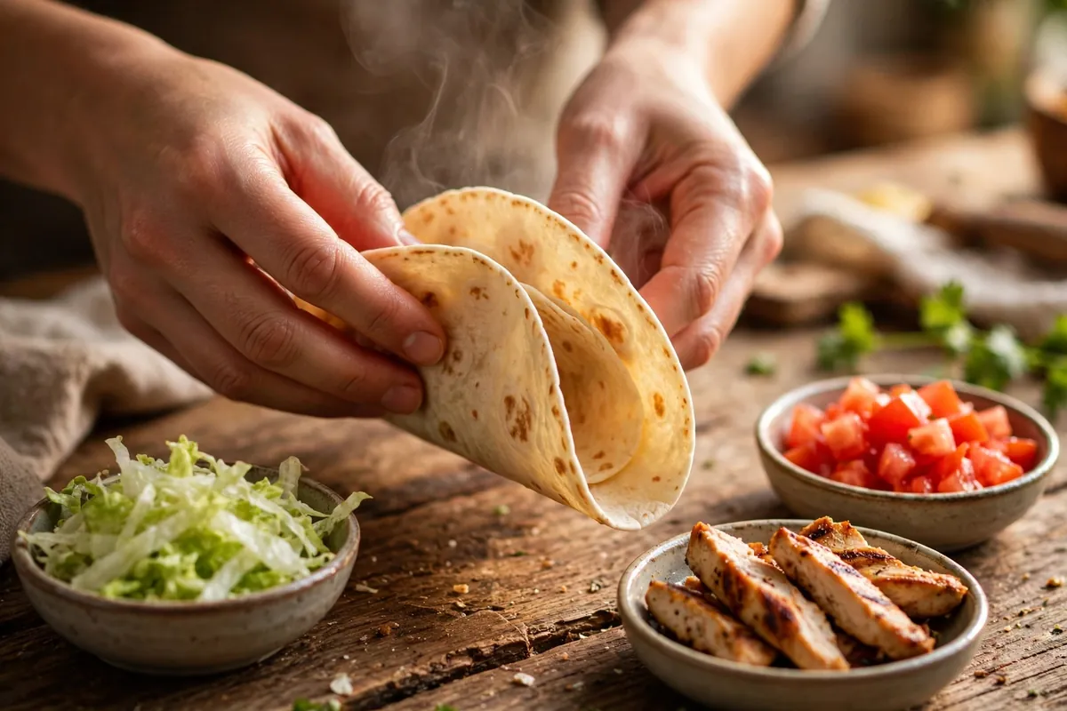Hands folding a warm soft flour tortilla into a taco with fresh fillings on a wooden table