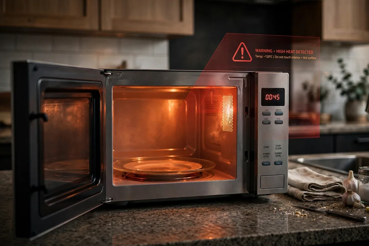Photo-style image of a microwave interior with a warning overlay about prohibited items