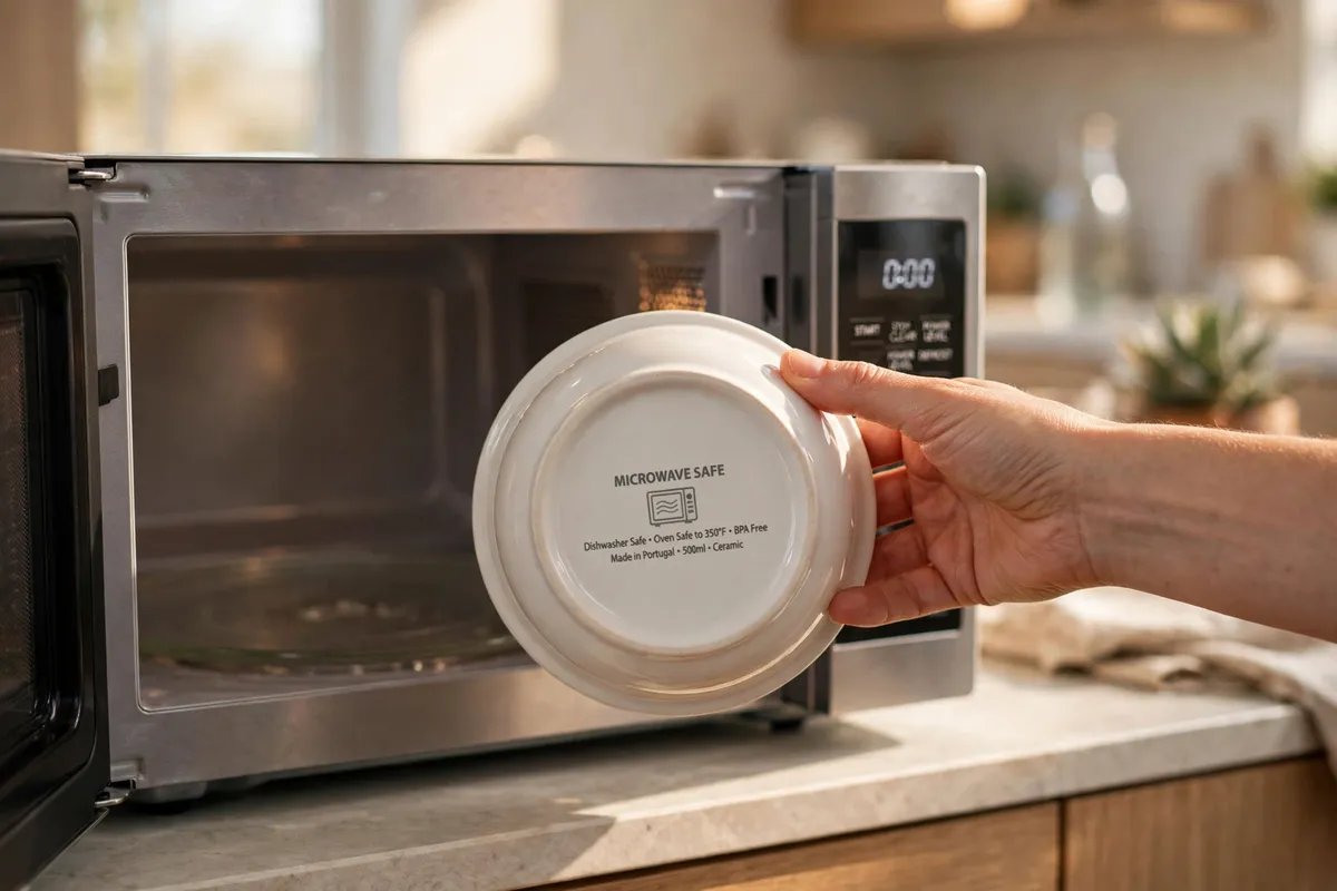 Hand placing a labeled container into a microwave oven