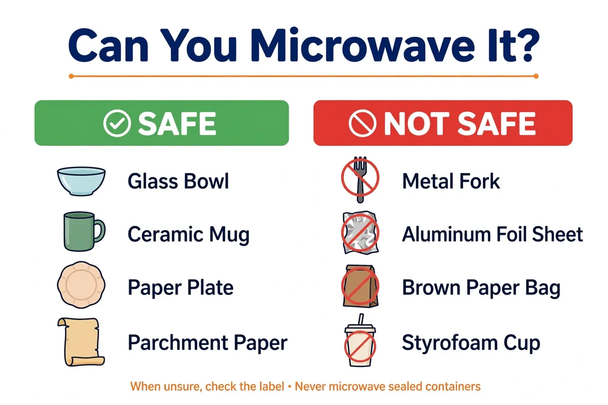 Microwave safety chart showing which materials are safe and unsafe