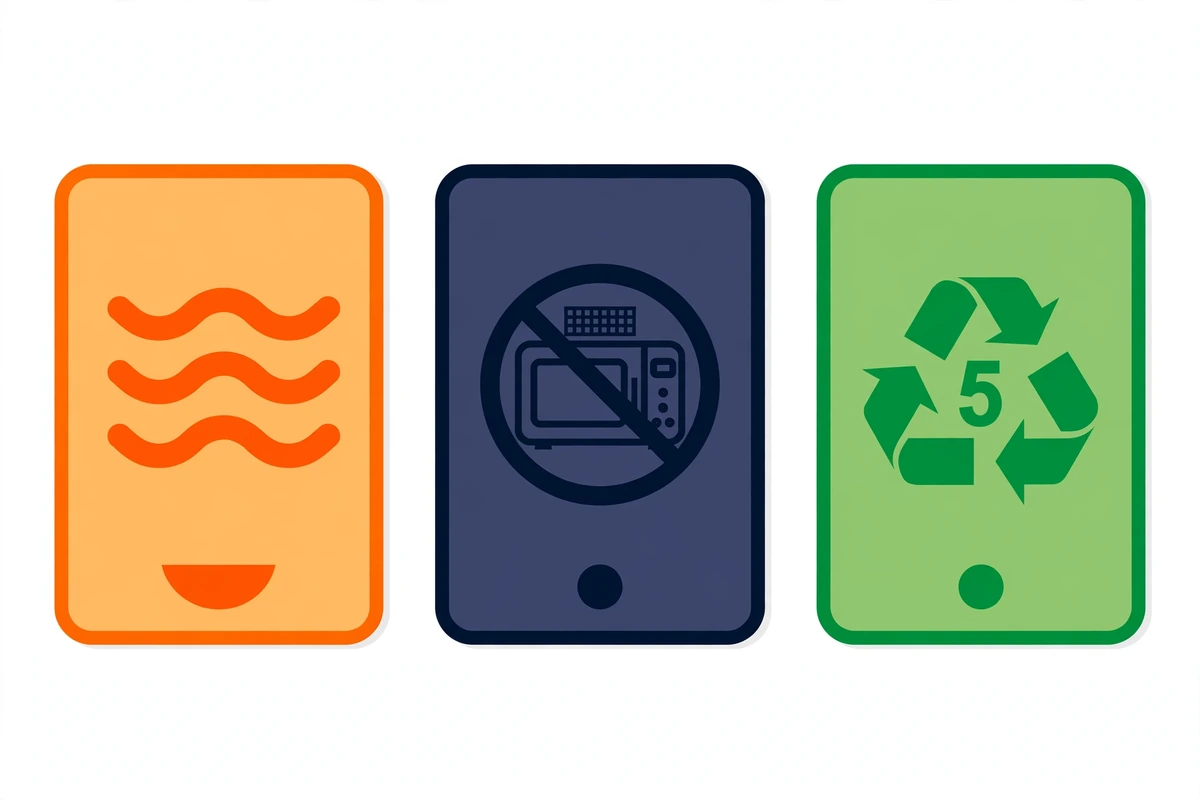 Infographic decoding common microwave-safe symbols: wavy lines, crossed-out microwave icon, and resin codes