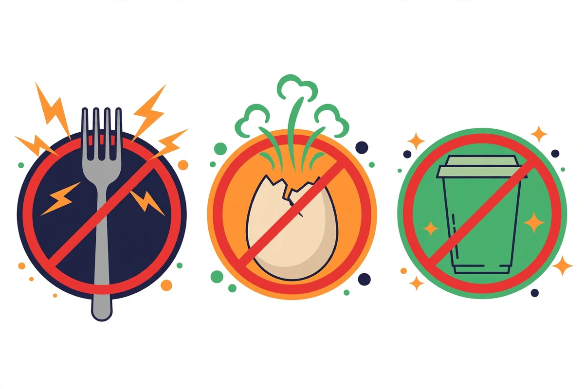 Infographic showing prohibited microwave items: metal fork with sparks, egg exploding, foam cup with warning