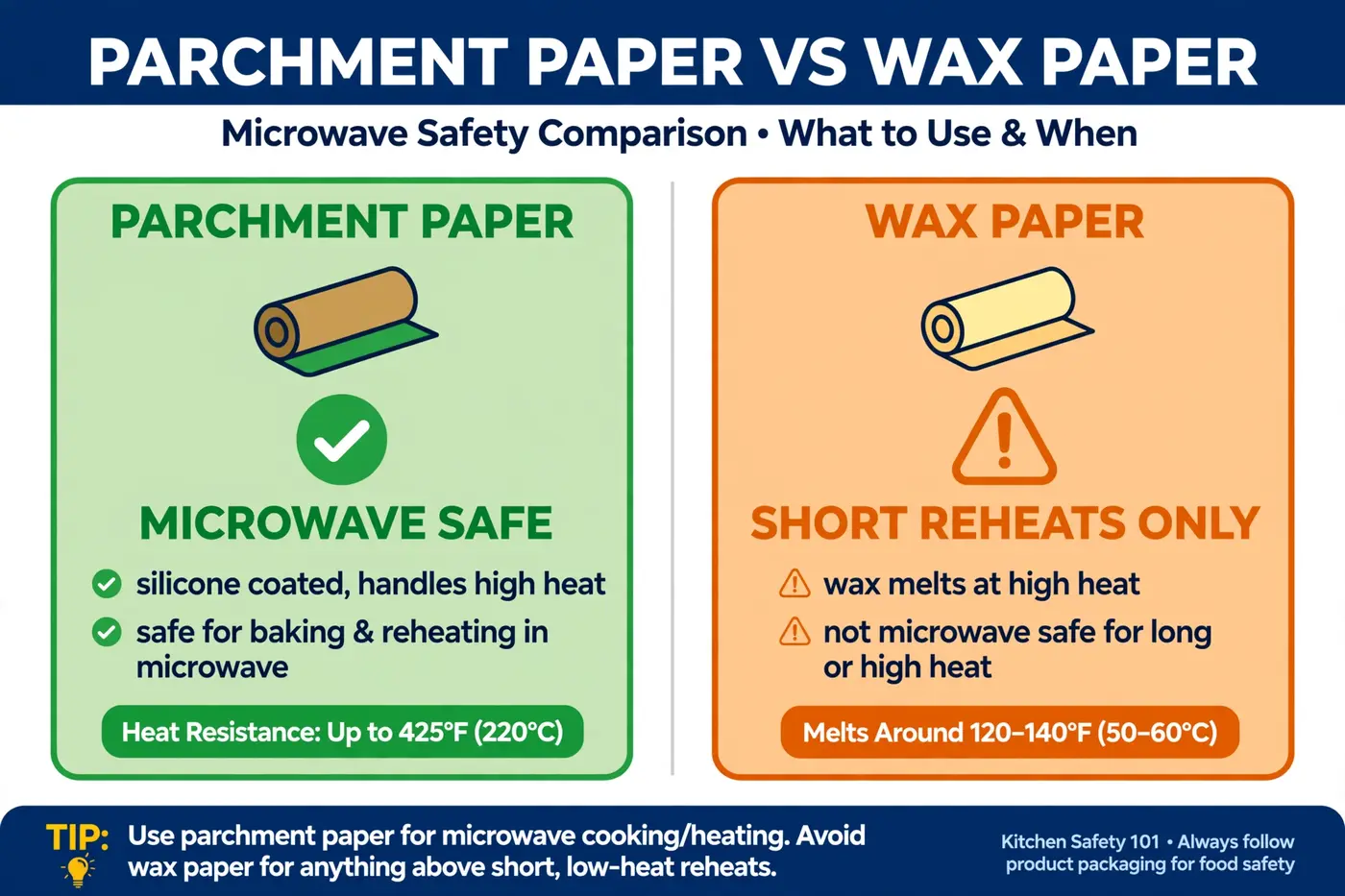 Parchment paper vs wax paper microwave safety comparison graphic showing parchment as microwave safe and wax paper for short reheats only