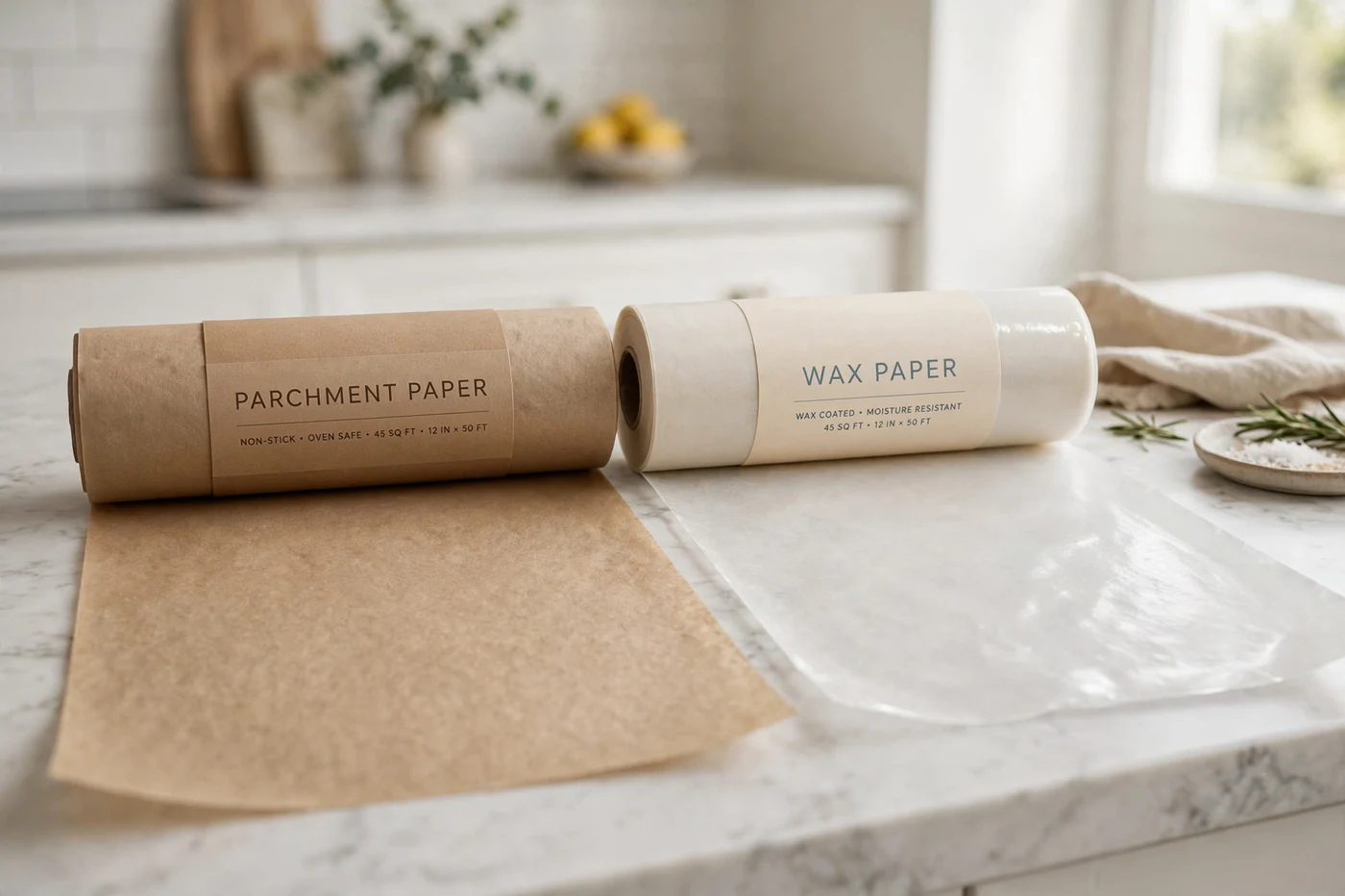 Two rolls side by side on a kitchen counter, parchment paper and wax paper, with sheets unrolled in front showing the texture difference