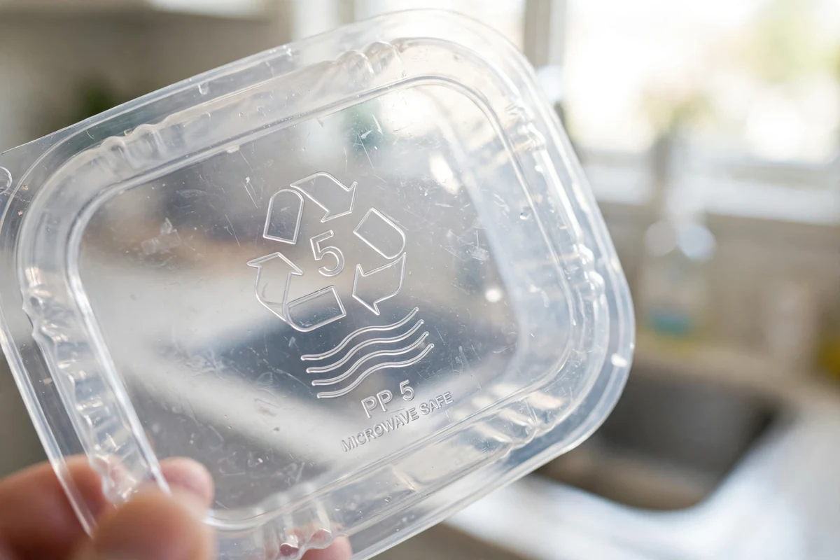 Photo-style image of the bottom of a plastic container showing resin code and wavy-line microwave symbol